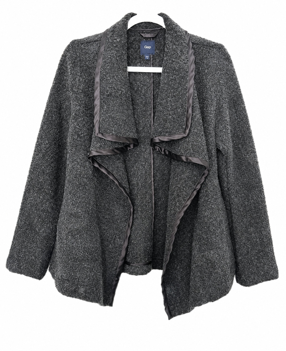 GAP Charcoal Boucle Waterfall Jacket M Wool Blend Satin Trim Cozy Fall